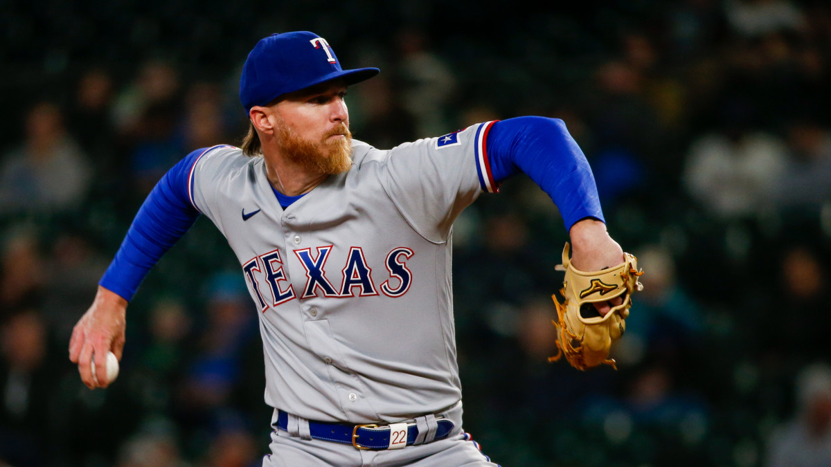 Apr 19, 2022; Seattle, Washington, USA; Texas Rangers starting pitcher Jon Gray (22) throws against the Seattle Mariners during the fourth inning at T-Mobile Park. Mandatory Credit: Joe Nicholson-USA TODAY Sports